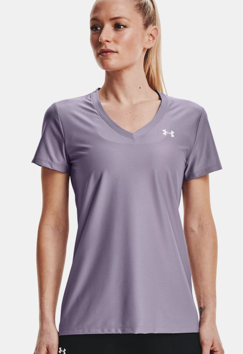 Under Armour Womens Semi-Fitted T Shirt V Neck Cotton Gray Neon